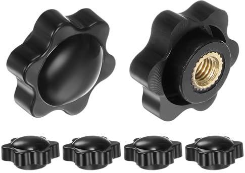 QUARKZMAN 6Pcs Estrellas de 6 Puntos M6 con Rosca Hembra de 25 mm, Cabeza de Plástico con Inserción de Latón, Perno Roscado de Agarre de Perilla Enroscable, Negro