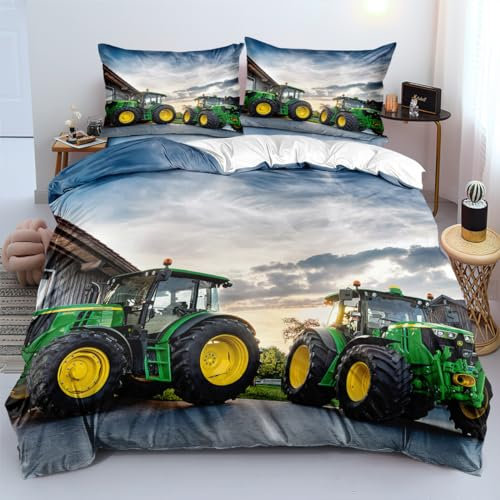Bedding Bettwäsche 135x200 cm Farm Traktor Mechanisch Motiv Bettbezug 135x200 Set 3-Teilig 3D Mähdrescher Tractor Druck Bettbezügen Microfaser Mit Reißverschluss Eckbänder + 2 Kissenbezüge 80x80 cm