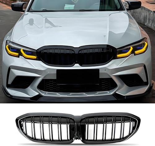 Haoyijiahui Nieren Schwarz Kühlergrille für BMW 3er G20 G21 2019-2021 PRE | Streifen Nieren kamera Glanz Schwarz Grille Doppelsteg Sport ABS Gitter Frontgrill Kühlergitter