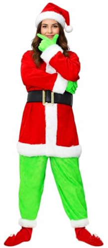 7 TLG Weihnachtsmann Kostüm Weihnachtsmann Kostüm Set, inkl. Maske Grinch Grün Monster Anzug für Erwachsene, Weihnachtsfeier Cosplay Kostüm Mottoparty, für Karneval Weihnachten Cosplay M