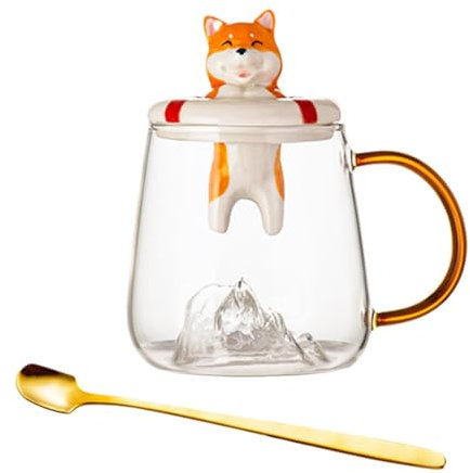WJnflQN Taza de vidrio con tapa, tazas para perros para amantes de los perros,Tazas de té de vidrio para perros - bonitas tazas de té con cuchara y tapa, tazas de café en forma