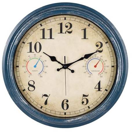 Alarllok Grande horloge d'extérieur de 40,6 cm avec thermomètre et hygromètre, étanche, rustique, vintage, pour intérieur, extérieur, terrasse, piscine, décoration de jardin - Bleu