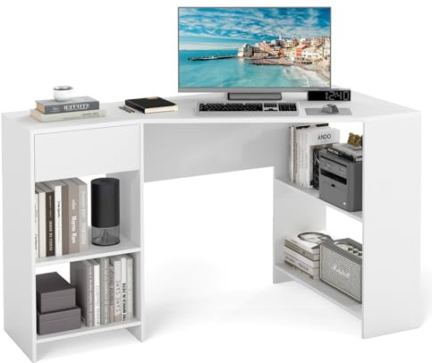 COSTWAY Scrivania ad Angolo per Computer 120 x 60 cm, Scrivania a Forma di L con Ripiani e Cassetto, Scrivania Angolare Gaming Salvaspazio per Ufficio, Studio e Cameretta, Bianco