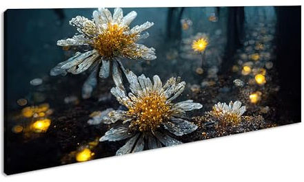 Fleurs magiques brillent mystérieusement dans la forêt sombre Panorama Impression d'art XXL 120 x 60 cm sur cadre en bois Décoration murale pour salon