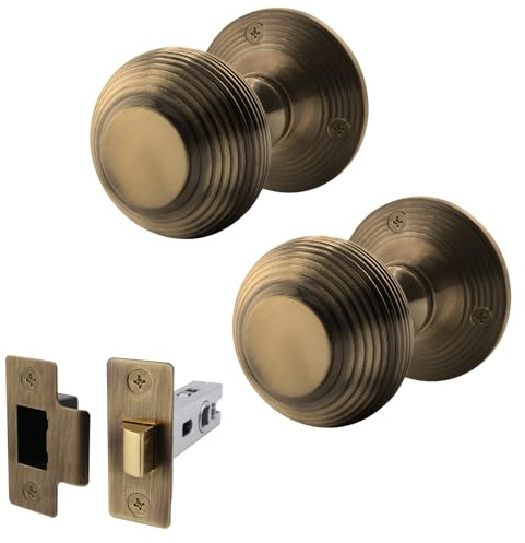 EAI Beehive Door Knob Set Antique Brass | 1 Pair of Reeded Mortice Knobs (55mm) & Latch (76mm) for Internal Doors