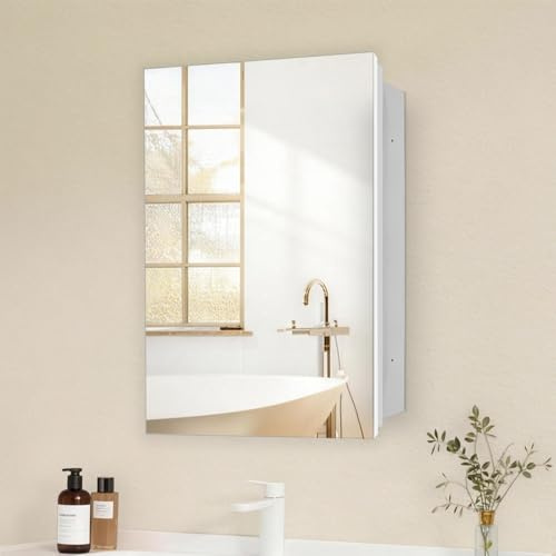 FOMAYKO Spiegelschrank mit einer Tür, Einbauschrank oder Wandmontage, mit Spiegel, Schrank mit verstellbarem Regal, Weiß, 66 x 41 cm