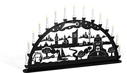Außenschwibbogen Schwibbogen Lichterbogen 15 flammig/Metall - Motiv: Leipzig - Farbe: schwarz (1,2 Meter)