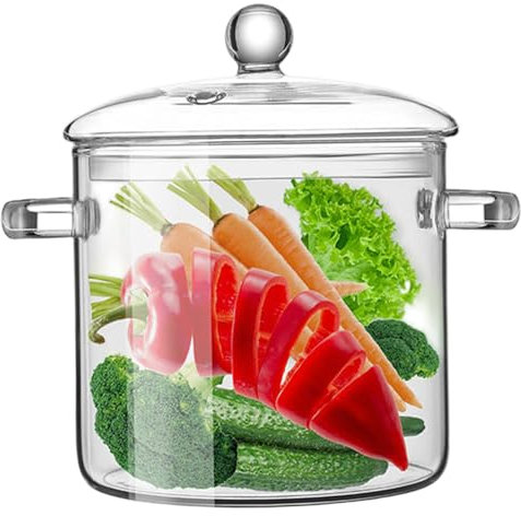 Hbbgdiy Pentola di Cottura in Vetro Resistente al Calore 1900 ml con Doppia Manici e Coperchio di sfiato a Vapore, Pasta Trasparente e casseruola per zuppa, Noodles, Latte stufati