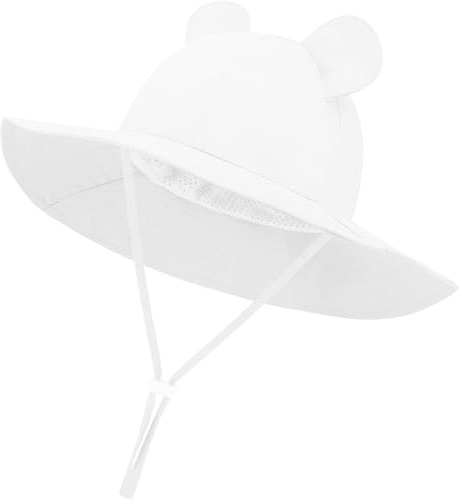 DRESHOW Baby Solhatt Småbarn Solskydd Strandmössa med Björnöron Unisex Sommarhatt med Hakrem UPF 50+