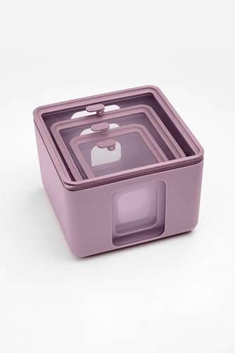 BLIMPLUS - Set 3 Contenitori Quadro Malva Peek Box (XS, S, M) - Porta Alimenti Salva Freschezza Impilabili Microonde Coperchio Trasparente - Made in Italy