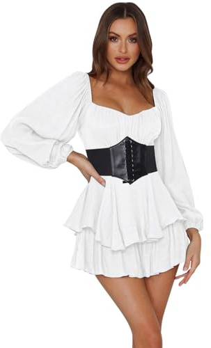 Odizli Pirate Costume Adult Women White Corset Dress Renaissance Viking Victorian Medieval Summer Elegant Off Shoulder Ruffle Hem Chiffon Mini Smock Romper Ladies Playsuits Short Jumpsuit White M
