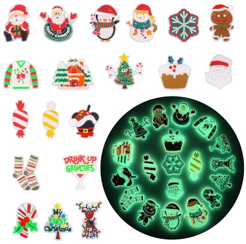 Qaziuy 19 Stück Schuh Charms Weihnachten Croc Anstecker Leuchten im Dunkeln Weihnachtsmann PVC Anhänger für Croc Clog Sandalen, Xmas Schuhanhänger für Kinder Jungen Mädchen