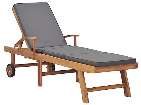 HaoChrymec Transat Jardin Extérieur en Teck Massif, avec Coussin, Dossier Réglable 3 Positions, Tablette Intégrée, Bains de Soleil, Relax Jardin Exterieur,Gris Foncé, 195 x 59.5 cm