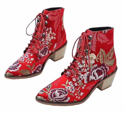 FQLGJMY Damknävelstövlar Bootie Vintage Bohemisk Etnisk Stil med Broderi och Leopardtryck Låga med Tjock Blockklack Spetsig Tå och Snörning till Klänning Kjol Jeans Vardag Fest Dejt och Resor