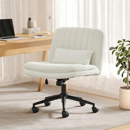 SAMERY Breiter Bürostuhl ohne Armlehnen, Doppellagiger Dicker Schreibtischstuhl Schneidersitz Stuhl mit Rollen, Höhenverstellbar Drehstuhl Computerstuhl Home Office Stuhl (Weiß, Mit Rädern)
