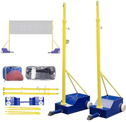 Volleybollstänger för Trädgården med Volleybollnät/Badmintonnät för Inomhusbruk, Kraftiga Badmintonstänger, Justerbara i 4 Höjder, 1,55m-2,1m, med Hjul och Nät för Vuxna, Stadionträdgård