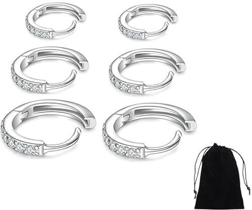 3 Paar Silber Creolen für Damen, Edelstahl Ohrringe - Klein Ohrringe Set Mit Zirkonia Hypoallergen Knorpel Strass für Piercings Schlafen - Silber/Gold 6mm/8mm/10mm
