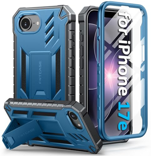 FNTCASE for iPhone 17e Phone Case: [Built-in Screen Protector & Kickstand] [Military-Grade Drop Protection] Heavy Duty Protective Full Body Shockproof TPU Rugged Protective Phone Cover Blue