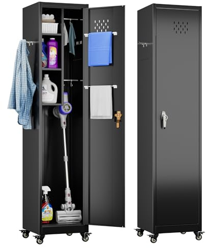 Armoire de garage en métal avec roulettes, rangement d'outils verrouillable en acier avec panneau perforé et tiroir, 180 cm de hauteur pour garage, maison, bureau – Assemblage requis