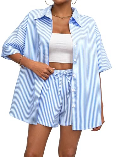 Rayson Conjunto de Mujer Dos Piezas a Rayas Verano Conjuntos Camisa Corto Oversize y Shorts de Cordón Completo Chandal para Casual Playa Trabajo(Azul, S)
