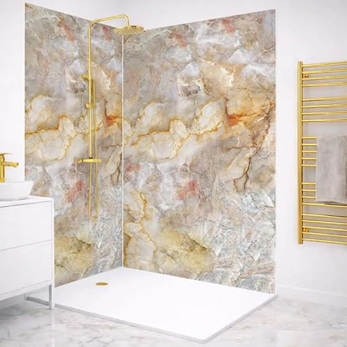 99 Déco Panneaux Muraux de Douche PVC 3mm, Effet Marbre Beige et Gris, 90x220 cm et 120x220 cm avec Profilés Blancs, Installation Collée