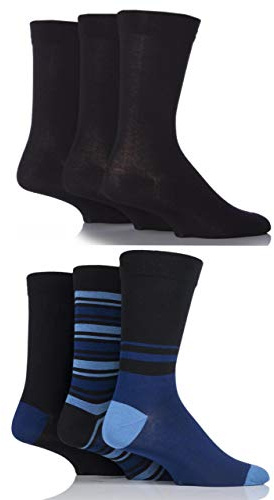 SockShop Mens 6 Pair Socks - Soft, Breathable & Cooling Bamboo Socks with a Gentle Comfort Cuff in Plains and Stripes, Bright and Colourful Multipack 7-11, Black Blue Black