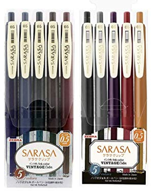 Zebra Sarasa Clip 0.5 Retractable Gel Ink Pen Rubber Grip 0.5mm Vintage Colors Pack of 10 Colors (JJ15-5C-VI+JJ15-5C-VI2)