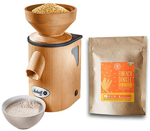 Kornkvarn Mockmill Lino 100 | Made in Germany | precious corundum and ceramic millstone | fresh flour | Lino 100 + 2,5 kg organic spelt