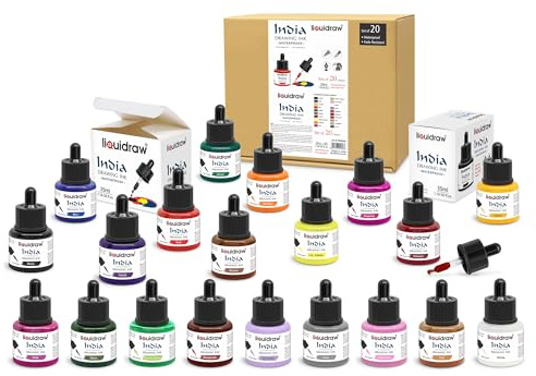 Liquidraw Lot de 20 flacons d'encre de couleur imperméable avec compte-gouttes de 35 ml - Encre de Chine pour calligraphie, stylos, pinceaux et stylos à plume - Idéal pour le dessin, l'écriture et les