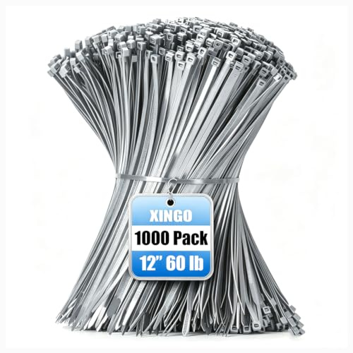 XINGO 1000 Stück Kabelbinder Grau, 300mm x 4.8mm, 22,7 kg Zugfestigkeit, UV-beständig, Selbstsichernde Kabelbinder für drinnen und drauße