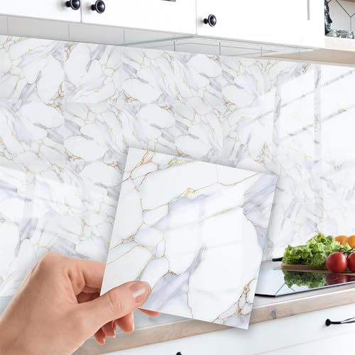 WALPLUS Modern White Marble Tile Stickers 15 x 15 cm, 24 PCS Peel and Stick Self Adhesive Wall Tiles, Waterproof Kitchen Bathroom Splashback Decals