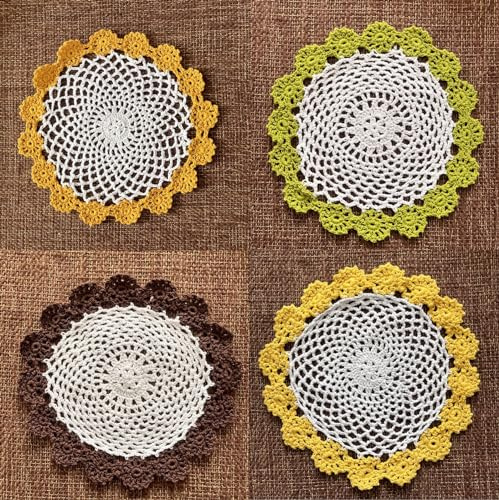4 centrini da tavolo all'uncinetto da 21 cm, centrini rotondi in pizzo per comò e tavolini, tovagliette floreali in pizzo di cotone per feste, tavolino da caffè, 21 cm, arancione, giallo, verde, caffè