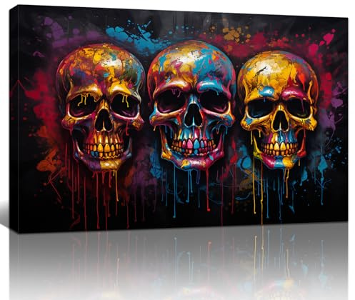 FajerminArt Graffiti Bunter Totenkopf Leinwand Bilder mit Rahmen Weinlese Skelett Bild auf Leinwand Bild Wandbilder XXL Kunstdruck Deko für Wohnzimmer Schlafzimmer fertig zum Aufhängen 90x60cm