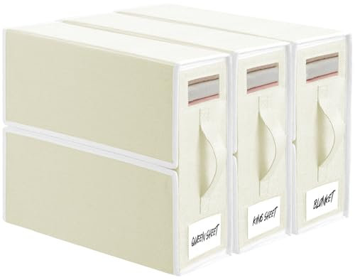 TAHAVICE Organizer per Lenzuola per Armadio, 3 Confezione Contenitore Organizzatore per Biancheria da Letto con Cerniera e Maniglia per il Trasporto, per Lenzuola, Vestiti, Coperte, Beige
