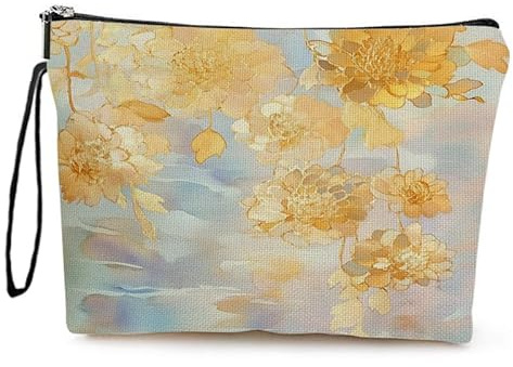 Kosmetiktasche Goldene Blumen Schminktasche Tragbare Reise Kosmetiktasche Set,Klein Niedliche Vielseitige Geldbörse Klein, Kosmetiktasche Damen,Reißverschlusstasche Kosmetik Tasche