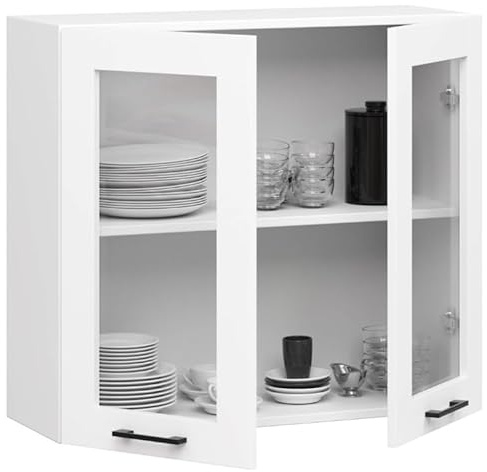 BDW - Armoire de Cuisine Suspendue Vitrée Oliwia W Blanche 80x30,5x72cm – Meuble Haut de Cusine Vitree – Placard Mural – Rangement – Vaiselle