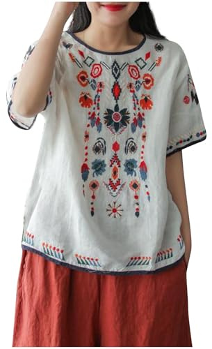 Chemise Brodés Femme Lin T Shirts en Coton Et Lin Manches Courtes Col Round Chemisier Femme Chic Et Élégant Ample Smockée Blouse Décontractée Style Ethnique Tunique Grande Taille Pas Cher