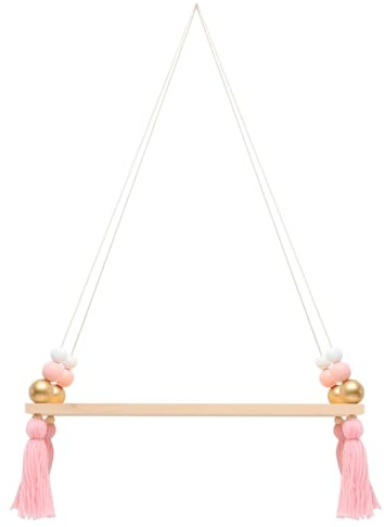 BESPORTBLE Wooden Bead Tassel Hanging Rack Wall Shelf Stylish Floating Storage Board for Flowerpot Display and Book Organization Simple Natural Design for Home and Garden Decor