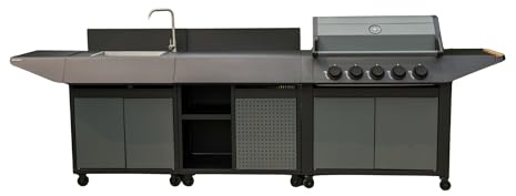 Cocina de Exterior BURN 80 PREMIUM con Barbacoa de Gas, Aparador y Fregadero, 5 Quemadores, Plancha y Parrilla, 302 x 60 x 116 cm