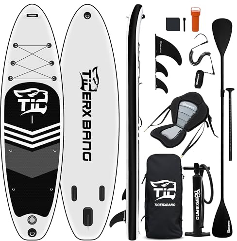TIGERXBANG Tabla inflable de remo de pie de 10 pies 6 pulgadas (320 x 82 x 15 cm), colección Black Tiger SUP con asiento de kayak, remo de doble hoja y accesorios para adultos y niños