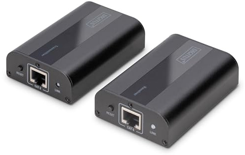 DIGITUS HDMI Extender – UHD 4K 60 Hz – 70 m über LAN-Kabel ab CAT 6 | Set aus Sender und Empfänger – IR Infrarot – HDMI 2.0, HDCP 2.2 – Power over Cable
