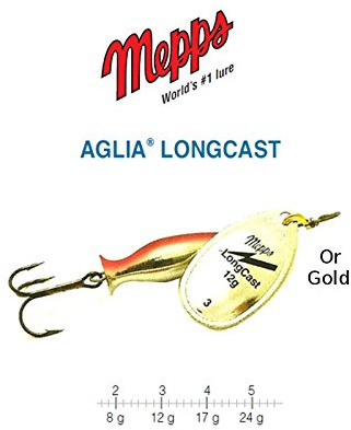 Mepps Aglia longcast negra plata oro tigre tallas 2, 3, 4, 5, Peso 8 g, 12 g, 17 g, 24 g, dorado (Gold), 3 / 12 g