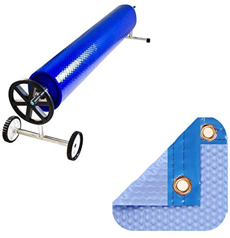 PACK MANTA TÉRMICA (COBERTOR TÉRMICO-CUBIERTA ISOTÉRMICA-TOLDO PARA PISCINA) DE 500 MICRAS COOLGUARD CON REFUERZO EN TODO EL CONTORNO (8x6m) + ENROLLADOR TELESCÓPICO DE 81mm.