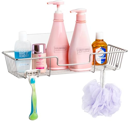 iPEGTOP Adhesive Shower Caddy Bathroom Shelf Storage with Hooks for Shampoo Conditioner Holder Kitchen Organizer Basket, No Drilling Wall Mounted, Rustproof Stainless Steel