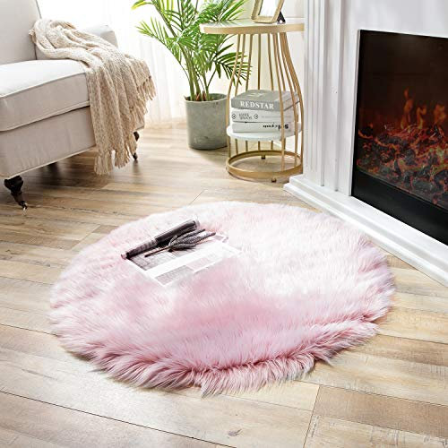 Ashler Kunstfellvorleger, flauschiger, zotteliger, ultra weicher Fellteppich, rund, maschinenwaschbar, gefrostete Unterseite, Deko-Überwurf für Schlafzimmer, Kinderzimmer, Wohnzimmer, Rosa, 90 x 90 cm