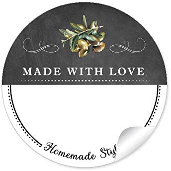 72 STICKER WEIß SCHWARZ Oliven und Ornamente Made with Love mit Freitextfeld für Olivenöl, eingelegte Oliven, Antipasti u.v.m. Papieraufkleber 4 cm, rund, matt