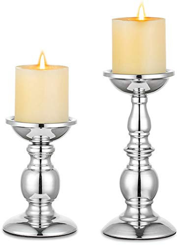 NUPTIO Säulenkerzenhalter Metallkerzenhalter Ideal für 80mm Kerzen, Silberner Kerzenhalter für Wohnzimmer, Gärten, Spa, Aromatherapie, Weihrauchkegel, Hochzeit, Party, 2 Stück