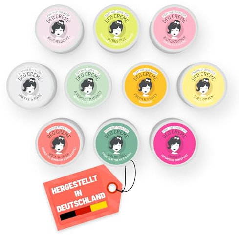 PonyHütchen - Deocreme Komplettset 10 x 5 ml - Feste Deo Creme vegan, ohne Aluminiumsalze & Tierversuche - Unisex Antitranspirant Naturkosmetik handgemacht mit Bio-Zutaten - Ideal für Handgepäck