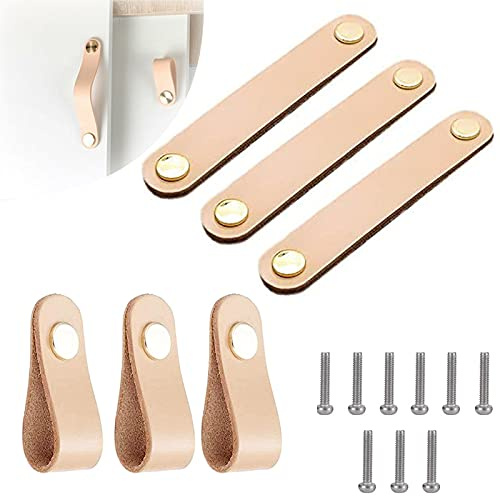 Möbelgriff aus Kunstleder, Türgriff, Schrankgriff, aus Leder, Schubladengriff aus Leder, mit Schrauben, für Küchenschränke, Badezimmer, Schränke, 2 Modelle, 6 Stück