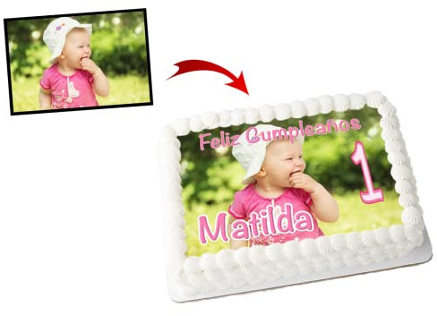 OBLEA o Papel de AZÚCAR, Foto de Tarta Personalizada con Nombre y Edad, para Cumpleaños y otras Ocasiones Especiales, Varios Medidas de Fotos Comestibles para Pasteles. RECTANGULAR